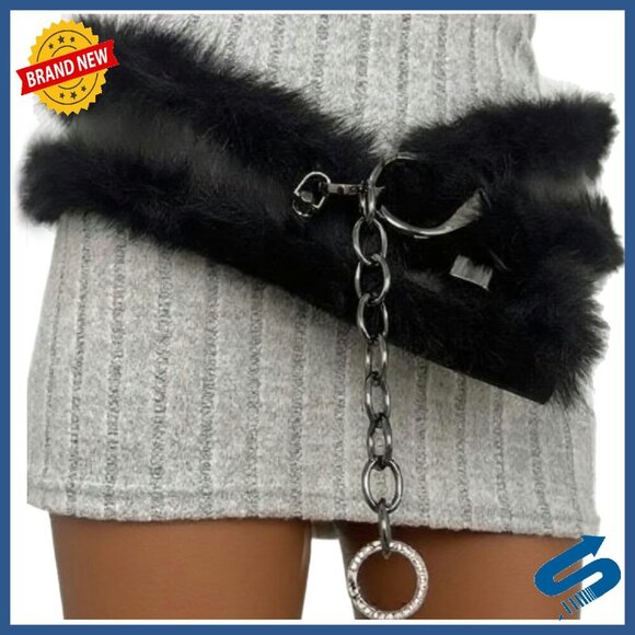 Faux Fur Leather Wide Belt Adjustable Chain Y2K Punk Grunge main image 7